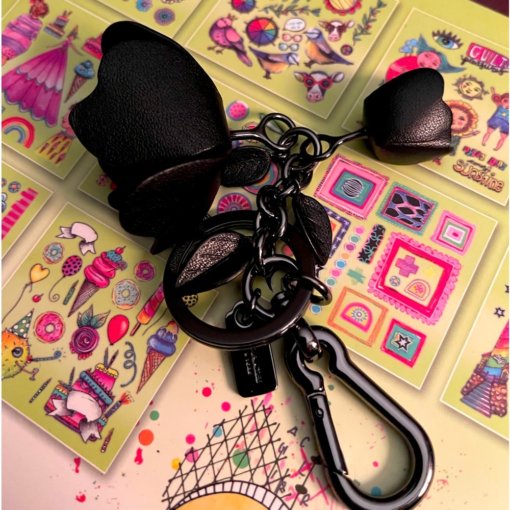 Coach gun metal and black leather tea rose bag charm/keychain nwot